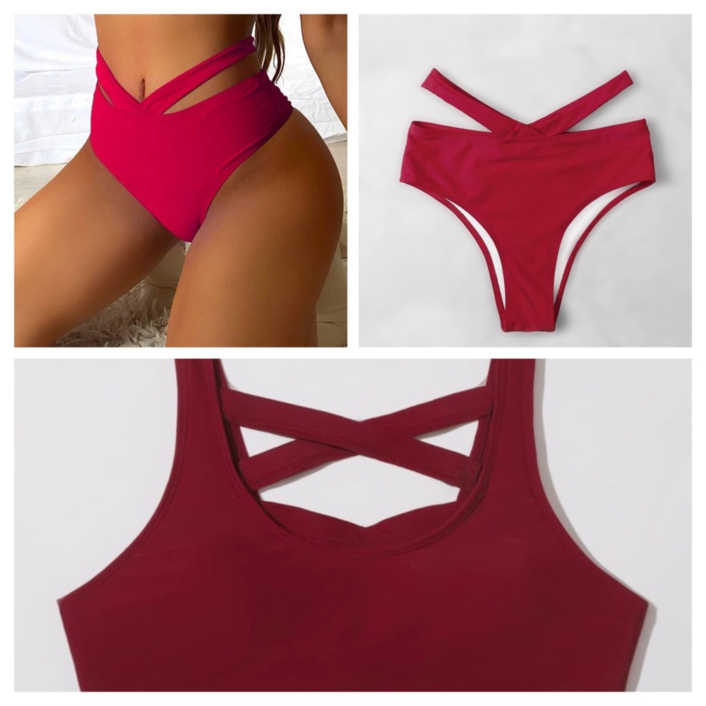 Shein Raspberry Red Lined Two Piece Strappy Sexy Bikini Set NWT - Picture 3 of 15